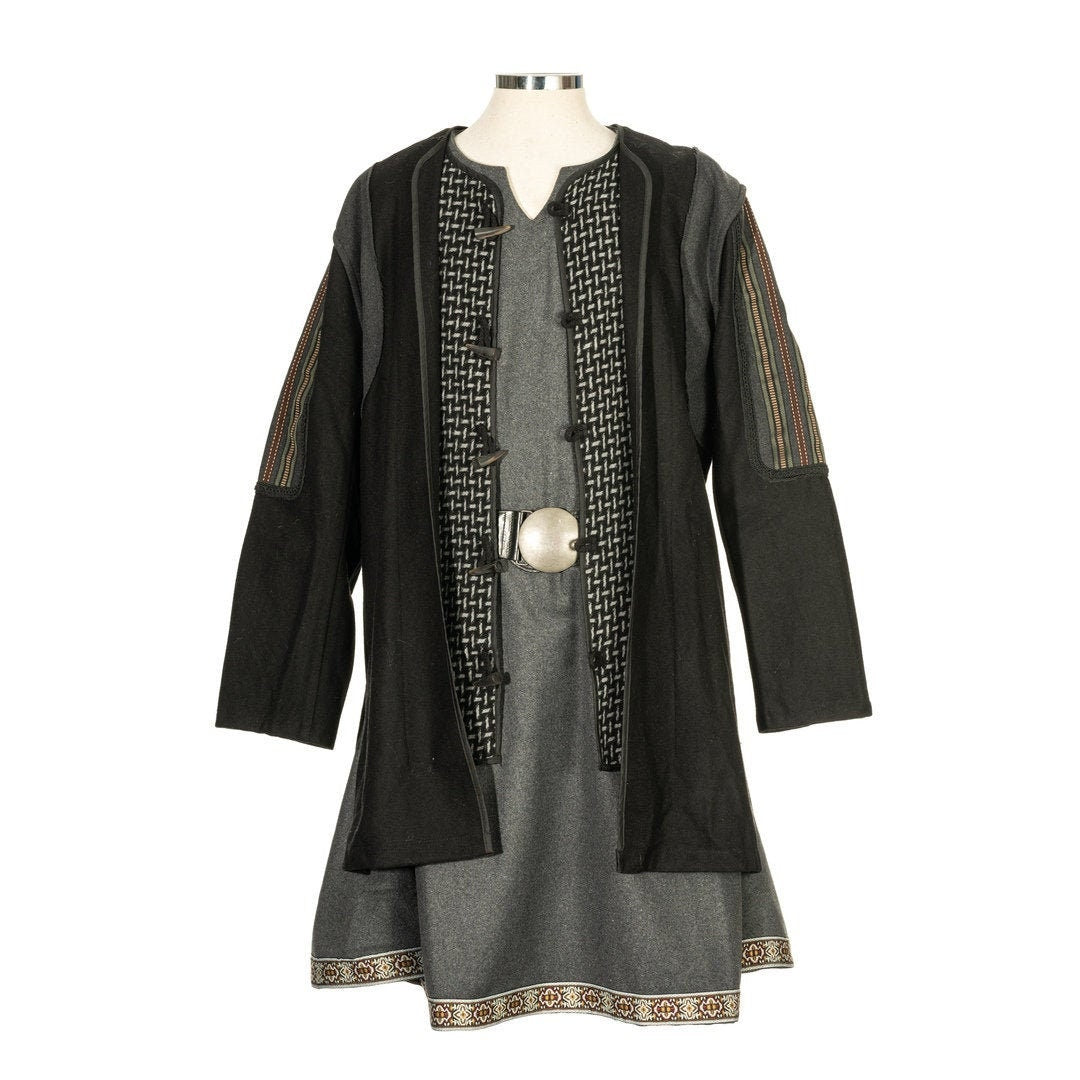 Medieval LARP jacket front view with woven detailing and patterned cuffs.