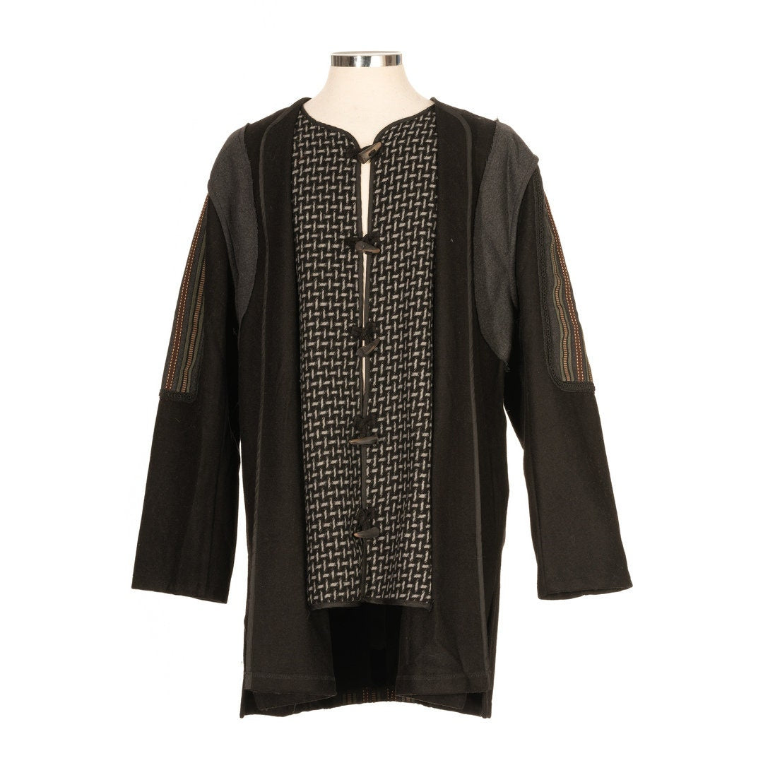 Front view black grey medieval LARP jacket with patterned panel detail.
