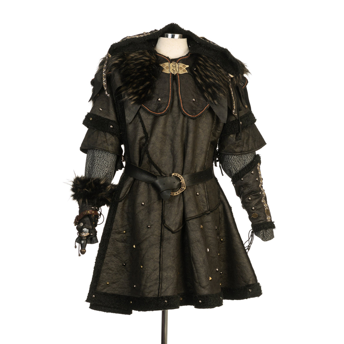 LARP medieval attire with black faux vambraces and fur accents, front view.