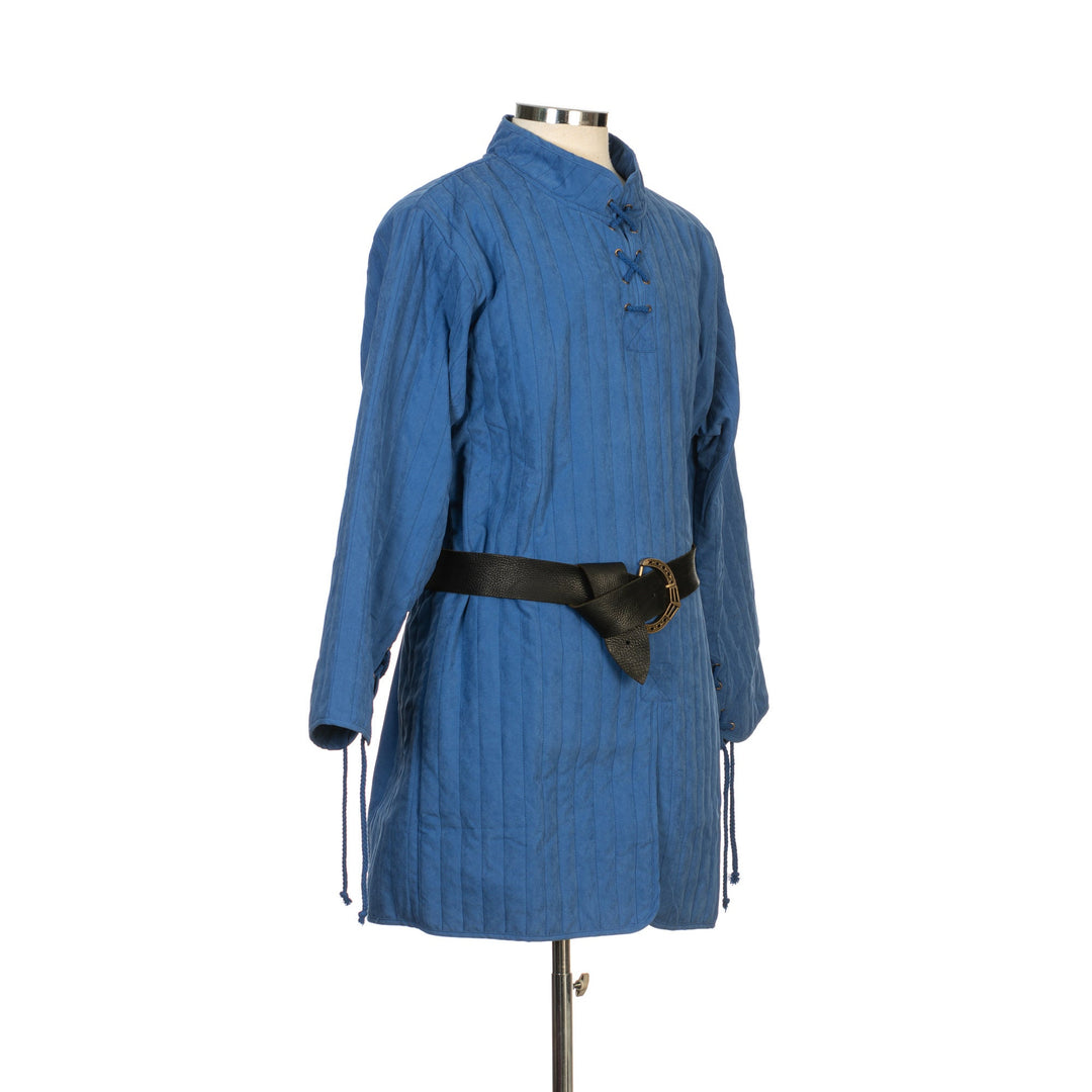 This Thin LARP Gambeson comes in Blue Cotton. This Padded Tunic can sit on top of the rest of your kit. This Lightweight Gambeson is water resistant and keeps you warm. This Viking Tunic is perfect for your LARP Costume and LARP Character, Cosplay Events, and Ren Faires.