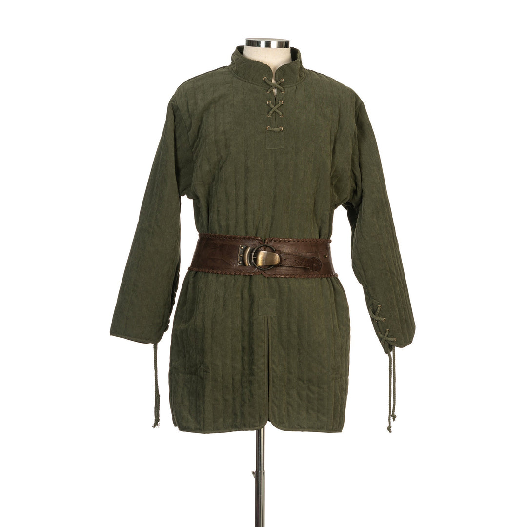 This Thin LARP Gambeson comes in Green Cotton. This Padded Tunic can sit on top of the rest of your kit. This Lightweight Gambeson is water resistant and keeps you warm. This Viking Tunic is perfect for your LARP Costume and LARP Character, Cosplay Events, and Ren Faires.