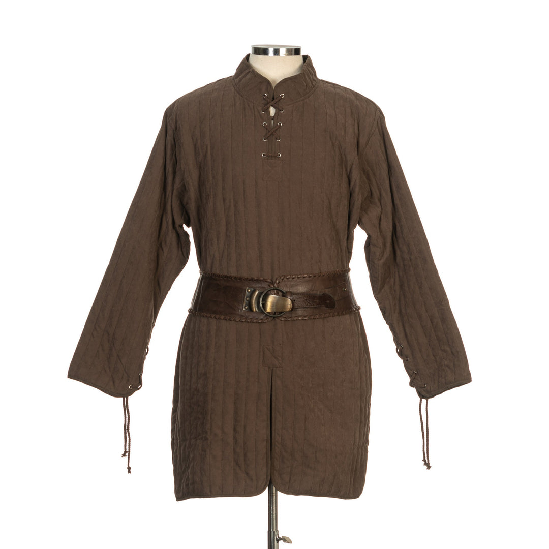 This Thin LARP Gambeson comes in Brown Cotton. This Padded Tunic can sit on top of the rest of your kit. This Lightweight Gambeson is water resistant and keeps you warm. This Viking Tunic is perfect for your LARP Costume and LARP Character, Cosplay Events, and Ren Faires.