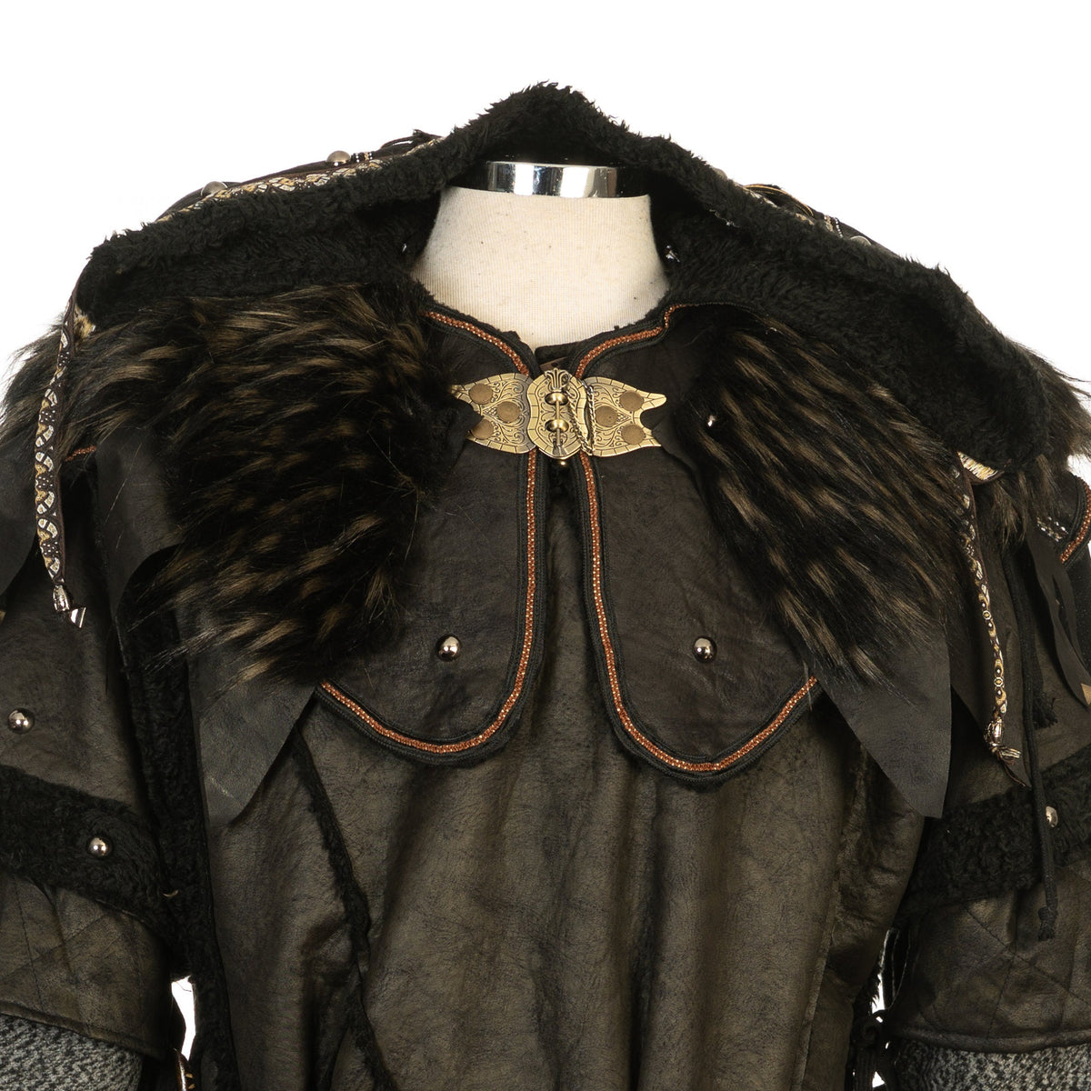 Dark faux leather LARP tunic, ornate hood with fur trim, metallic accents.