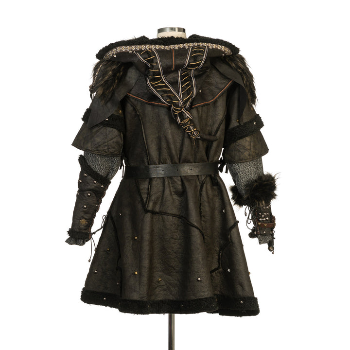 Barbarian Battle Master LARP Leather Armour Outfit Set, 3 Pieces, includes Black fleece lined Faux Leather Tunic, Ornate Hood & Vambraces - Chows Emporium Ltd