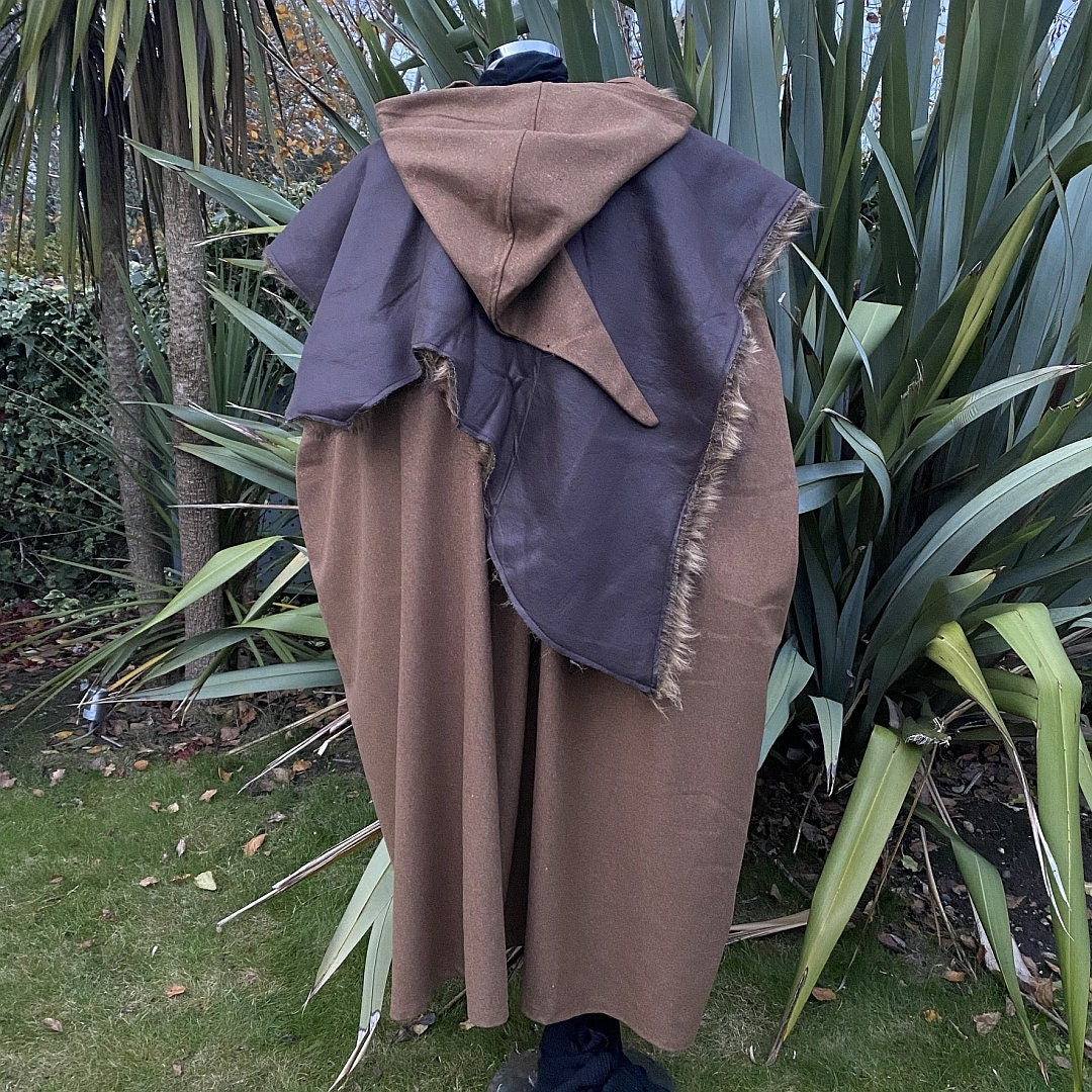 Brown LARP cloak and mantle with hood, rear view.