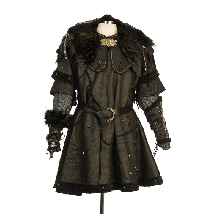 Barbarian Battle Master LARP Leather Armour Outfit Set, 3 Pieces, includes Black fleece lined Faux Leather Tunic, Ornate Hood & Vambraces - Chows Emporium Ltd