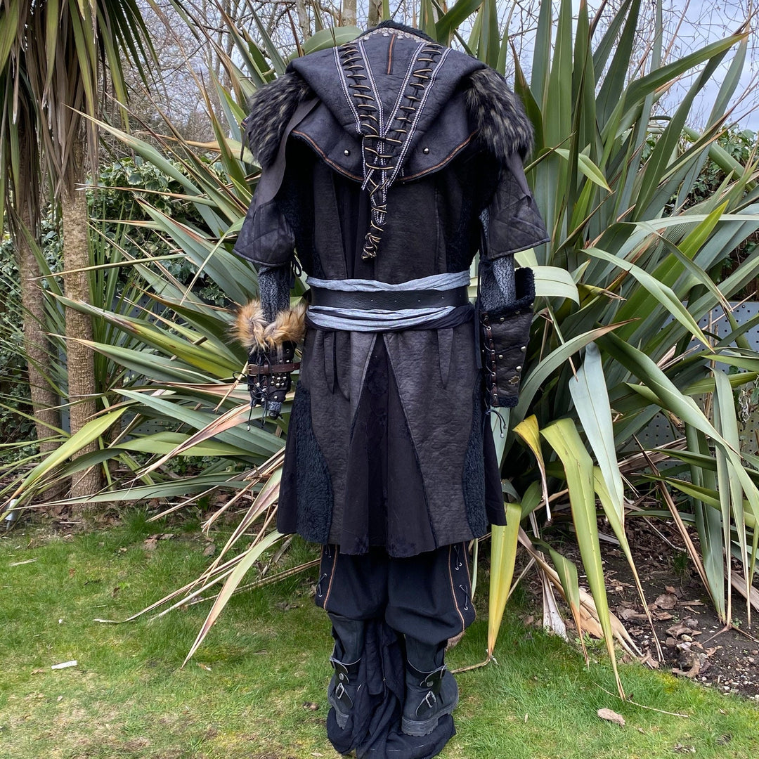 Necromancer King LARP Outfit - 4 Pieces; Black Patchwork Waistcoat, Ornate Faux Leather Hood, Vambraces, Shirt - Chows Emporium Ltd