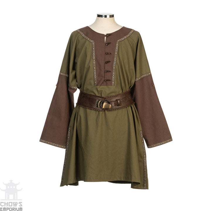 LARP Viking Tunic with Buttons - Two Tone Green & Brown - Linen Cotton Mixture - Chows Emporium Ltd