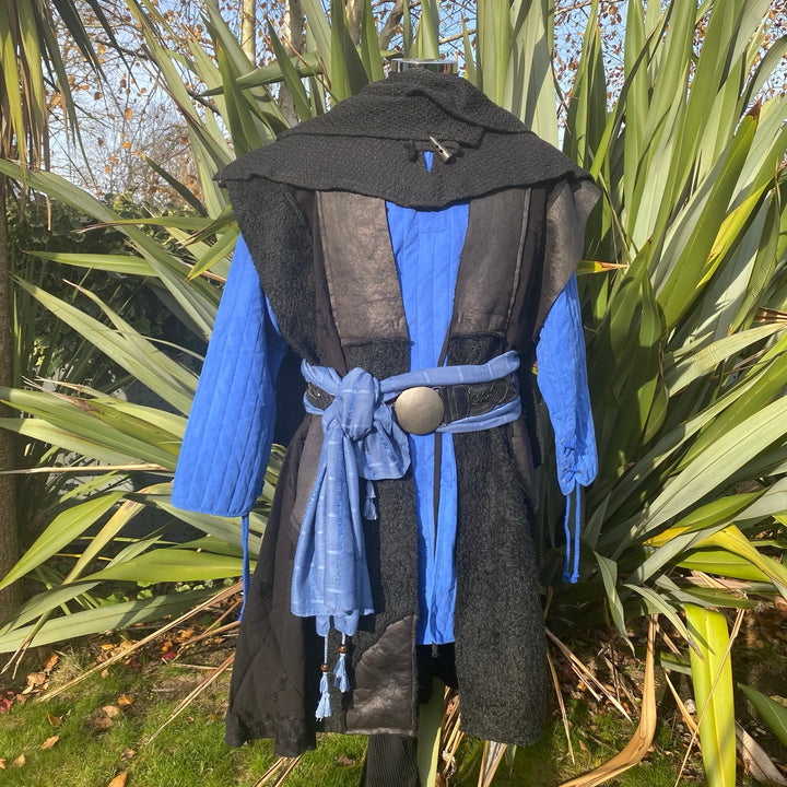 Ice Mage LARP Outfit - 4 Pieces; Faux Leather Fleece Lined Waistcoat, Gambeson, Hood, Sash - Chows Emporium Ltd