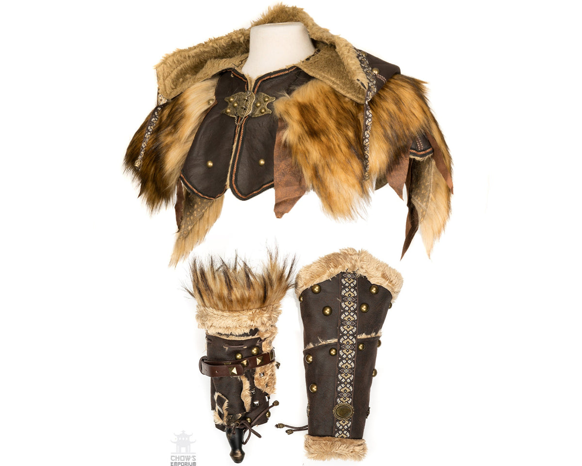 Ornate LARP hood with fur trim and detailed vambraces, front angle view.