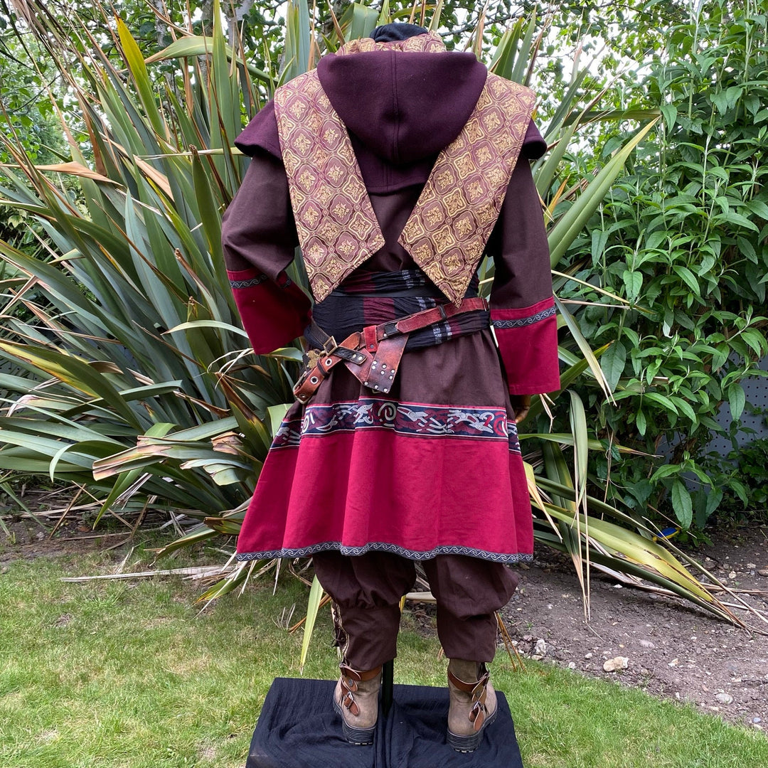 Noble Bard LARP Outfit - 3 Pieces; Brown & Red Viking Tunic, Wrap Around Hood, Sash - Chows Emporium Ltd