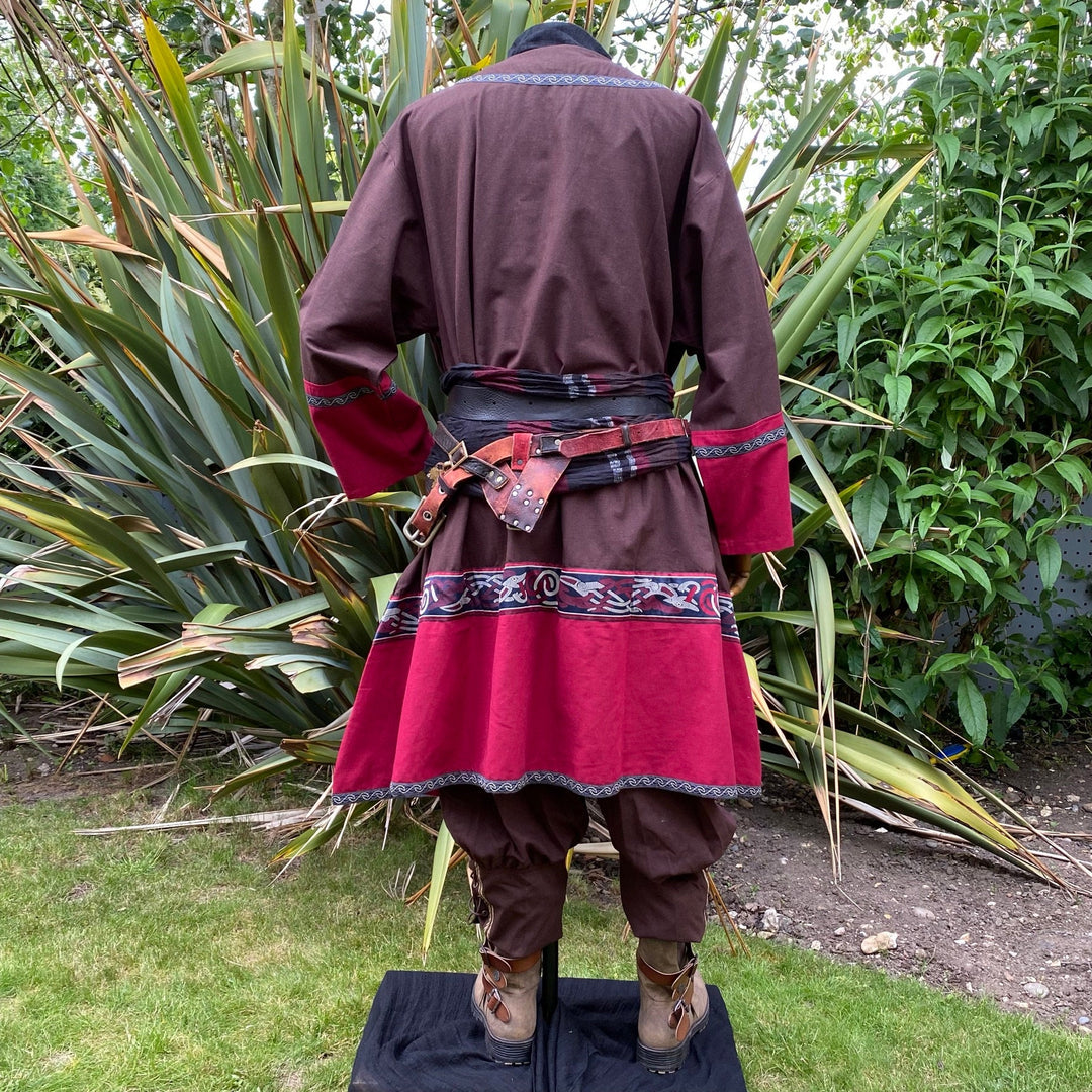 Noble Bard LARP Outfit - 3 Pieces; Brown & Red Viking Tunic, Wrap Around Hood, Sash - Chows Emporium Ltd
