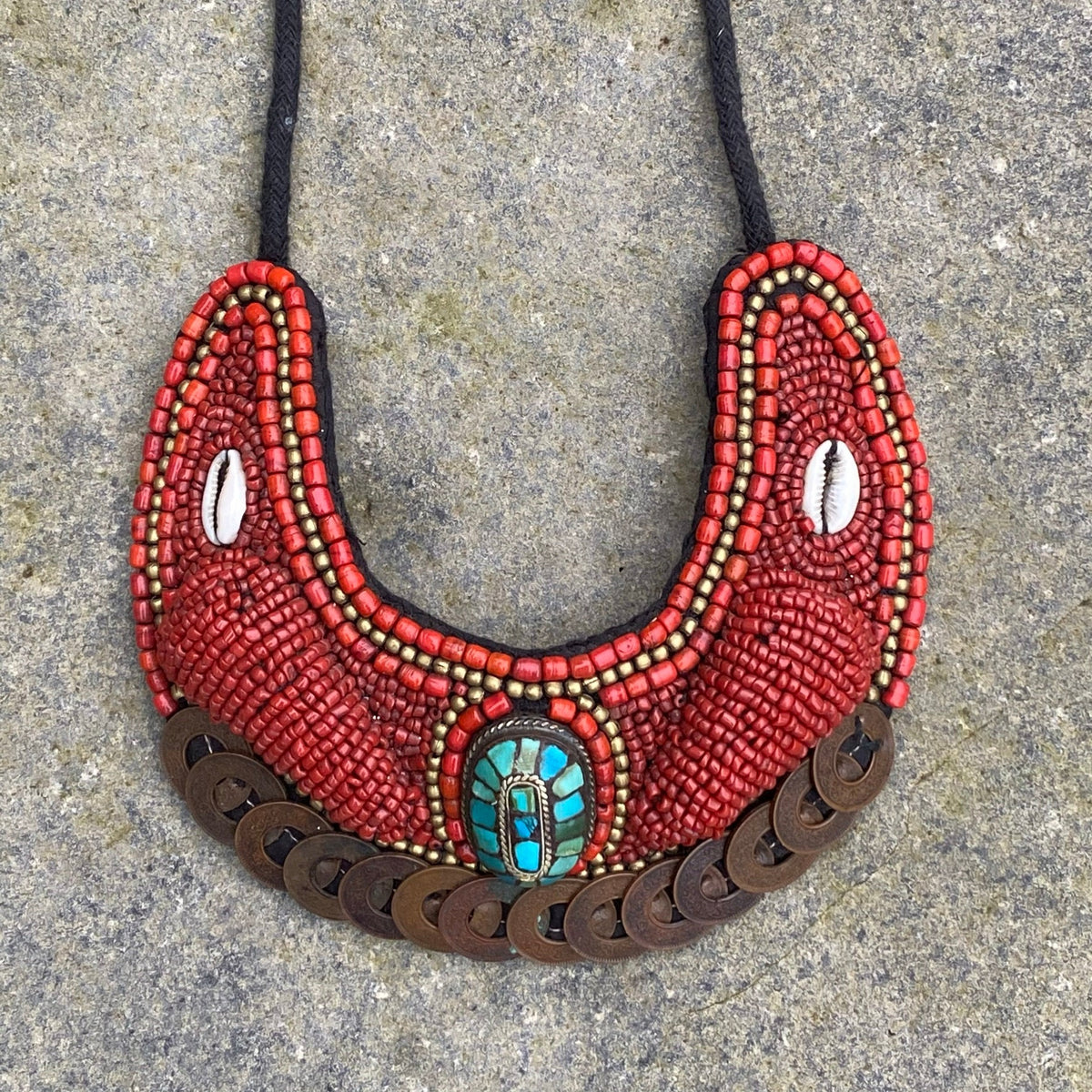 Red Maasai bead necklace with cowrie shells for LARP medieval attire.