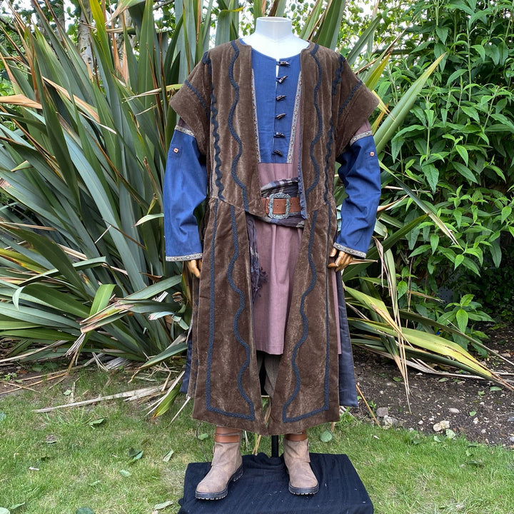 Dwarf Lord LARP Outfit - 4 Pieces; Brown Panel Waistcoat, Brown & Blue Tunic, Hood, Vambraces - Chows Emporium Ltd