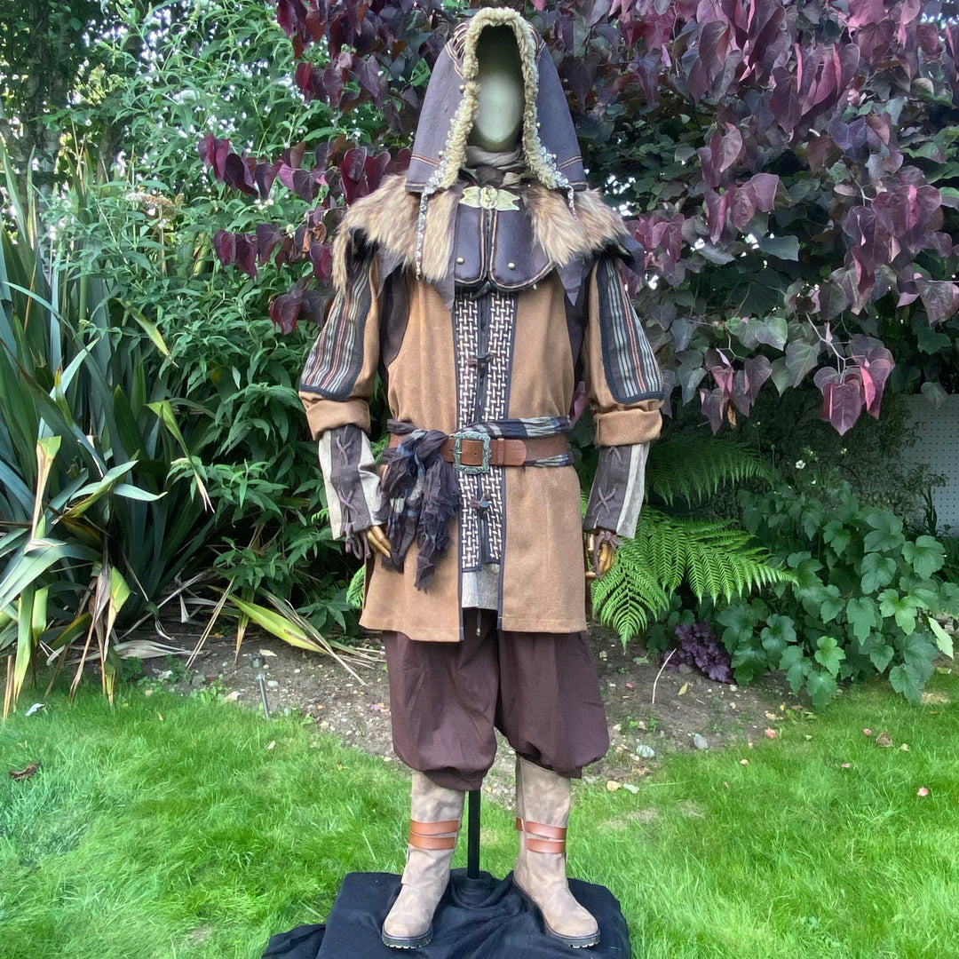 Druid of Middle Earth LARP Outfit - 4 Pieces; Brown Ornate Hood, Jacket, Pants, Sash - Chows Emporium Ltd