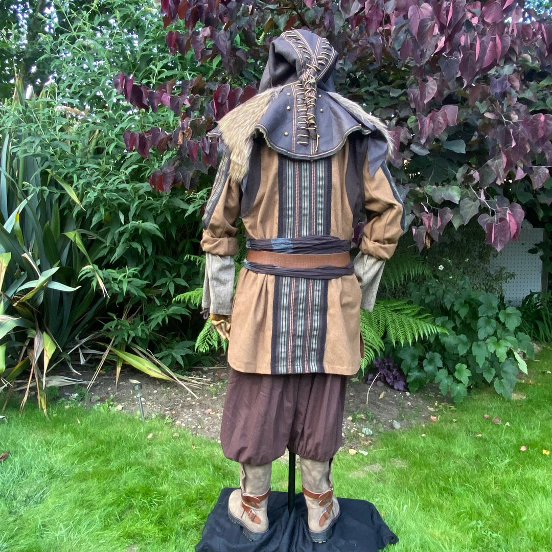 Druid of Middle Earth LARP Outfit - 4 Pieces; Brown Ornate Hood, Jacket, Pants, Sash - Chows Emporium Ltd