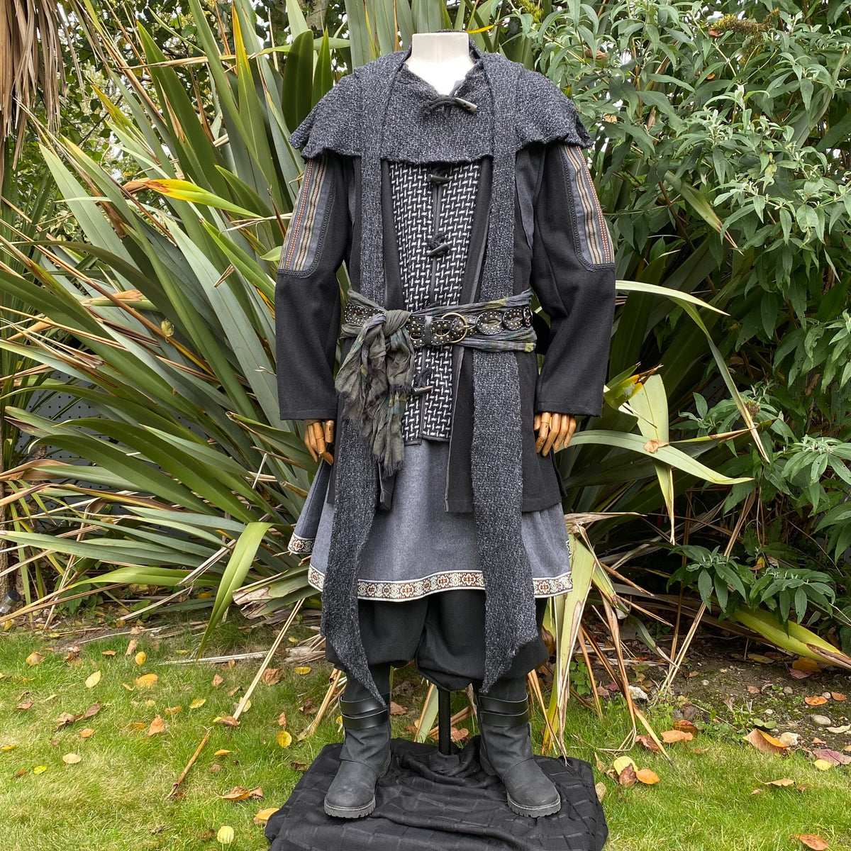 Ranger LARP costume with ornate belt and layered jacket.