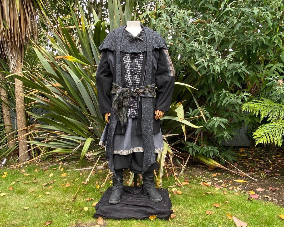Medieval LARP outfit with ornate jacket and hood, front view.