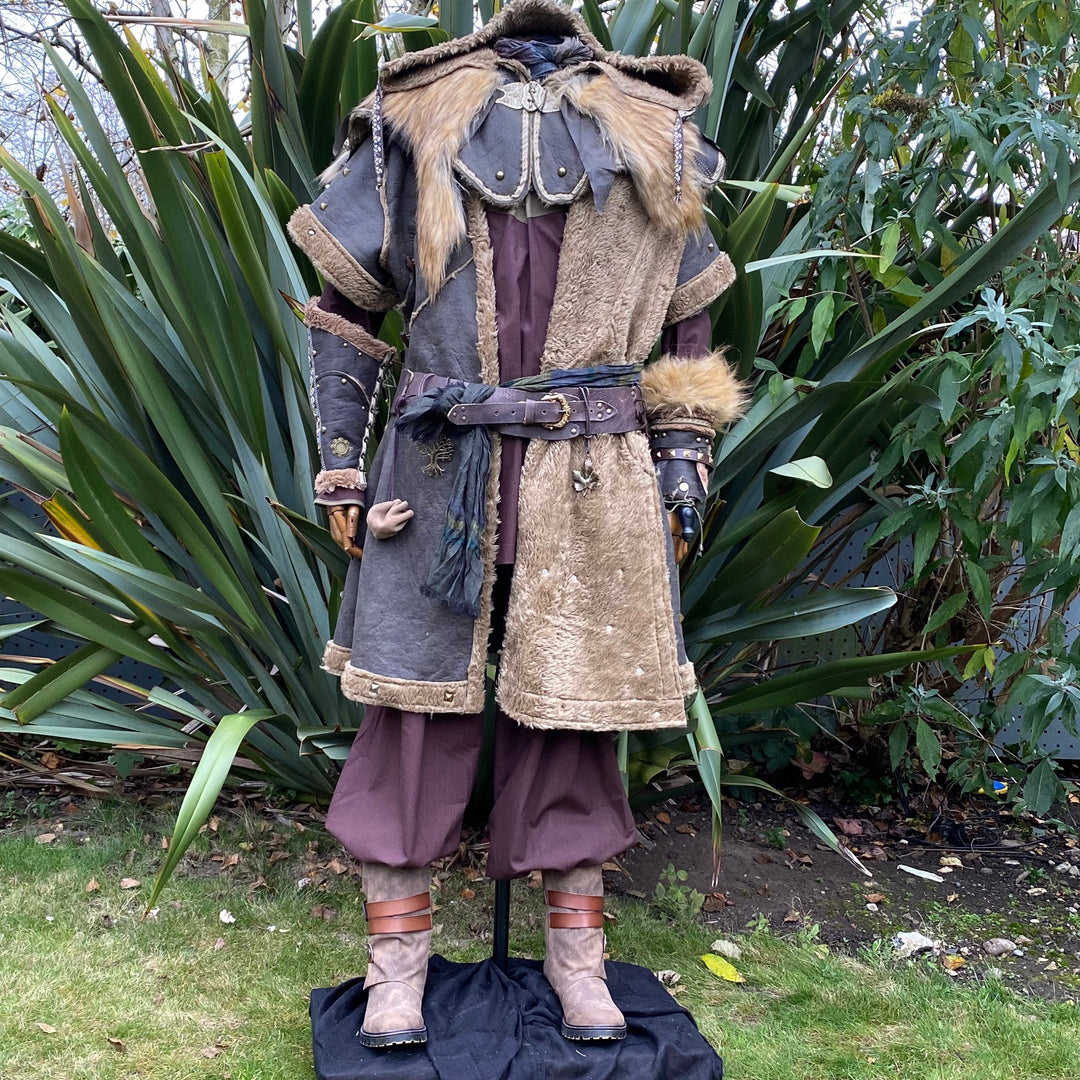 Fleece-lined barbarian LARP armor with fur trim, front.
