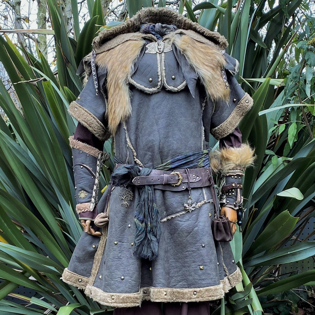 Barbarian LARP set front view with fur-trimmed hood and detailed vambraces.