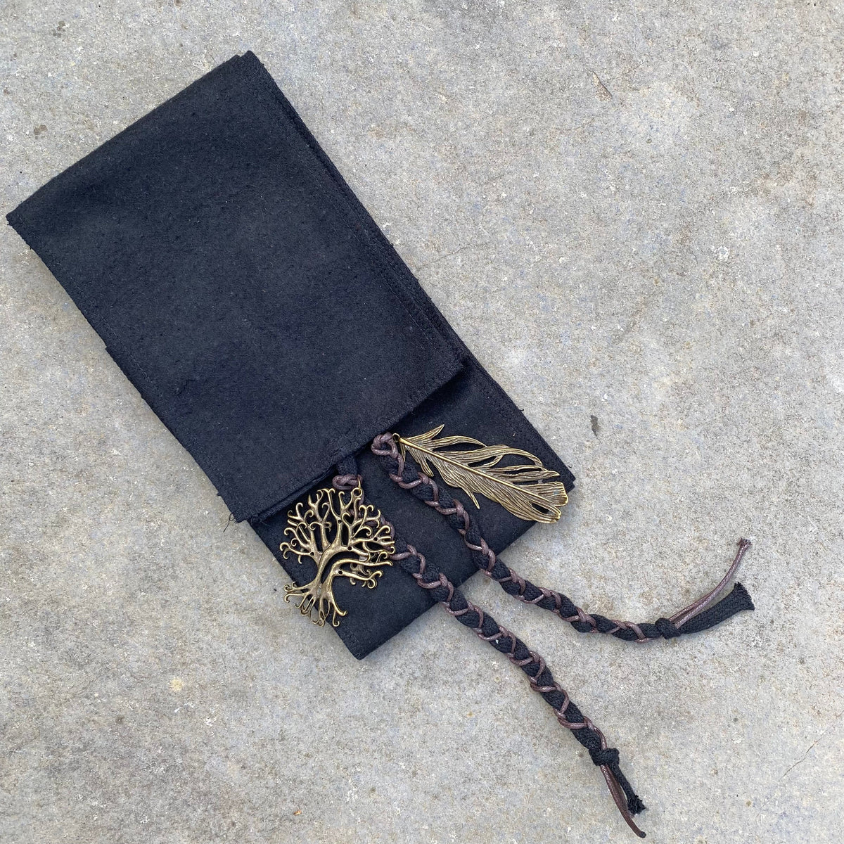 Black wool sash with tree and leaf charms, braided cord detail for LARP.