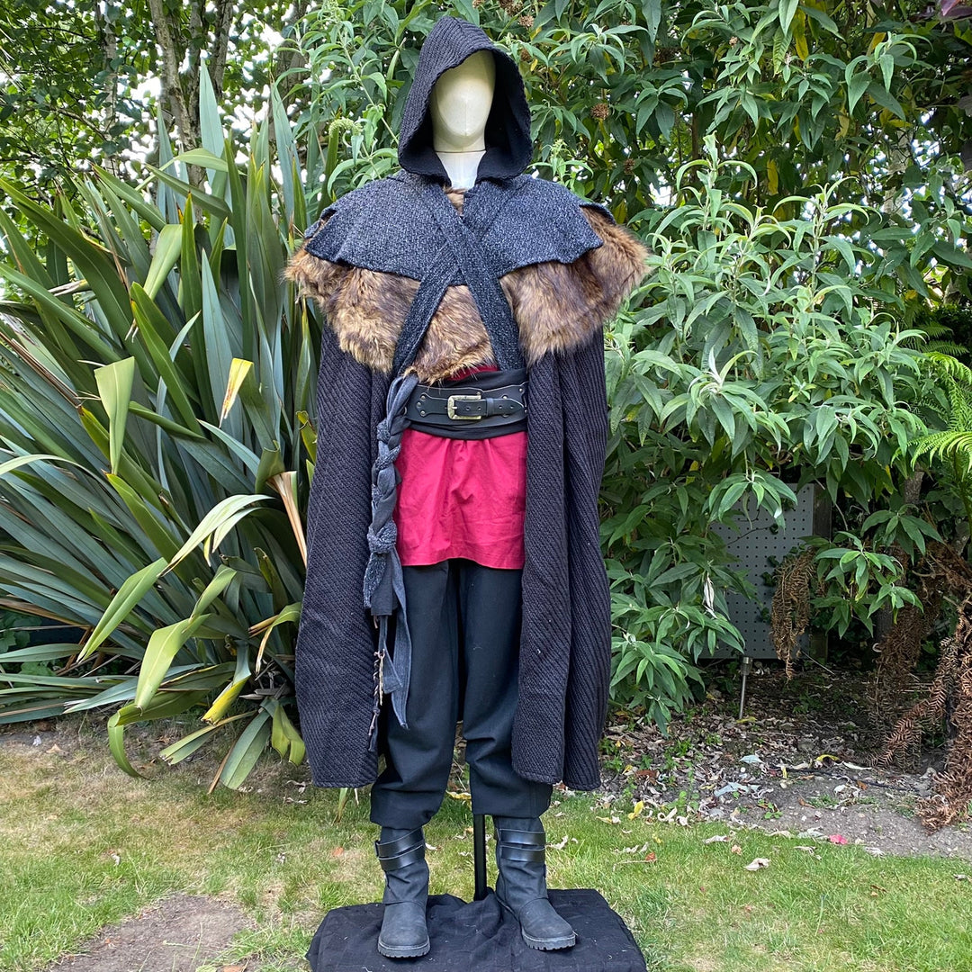 Viking Warrior LARP Outfit - 5 Pieces; Black Cloak, BrownFaux Fur Mantle, Hood, Shirt, Pants - Chows Emporium Ltd