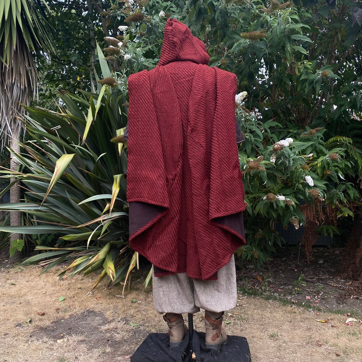 Back view of red hooded cloak LARP outfit.