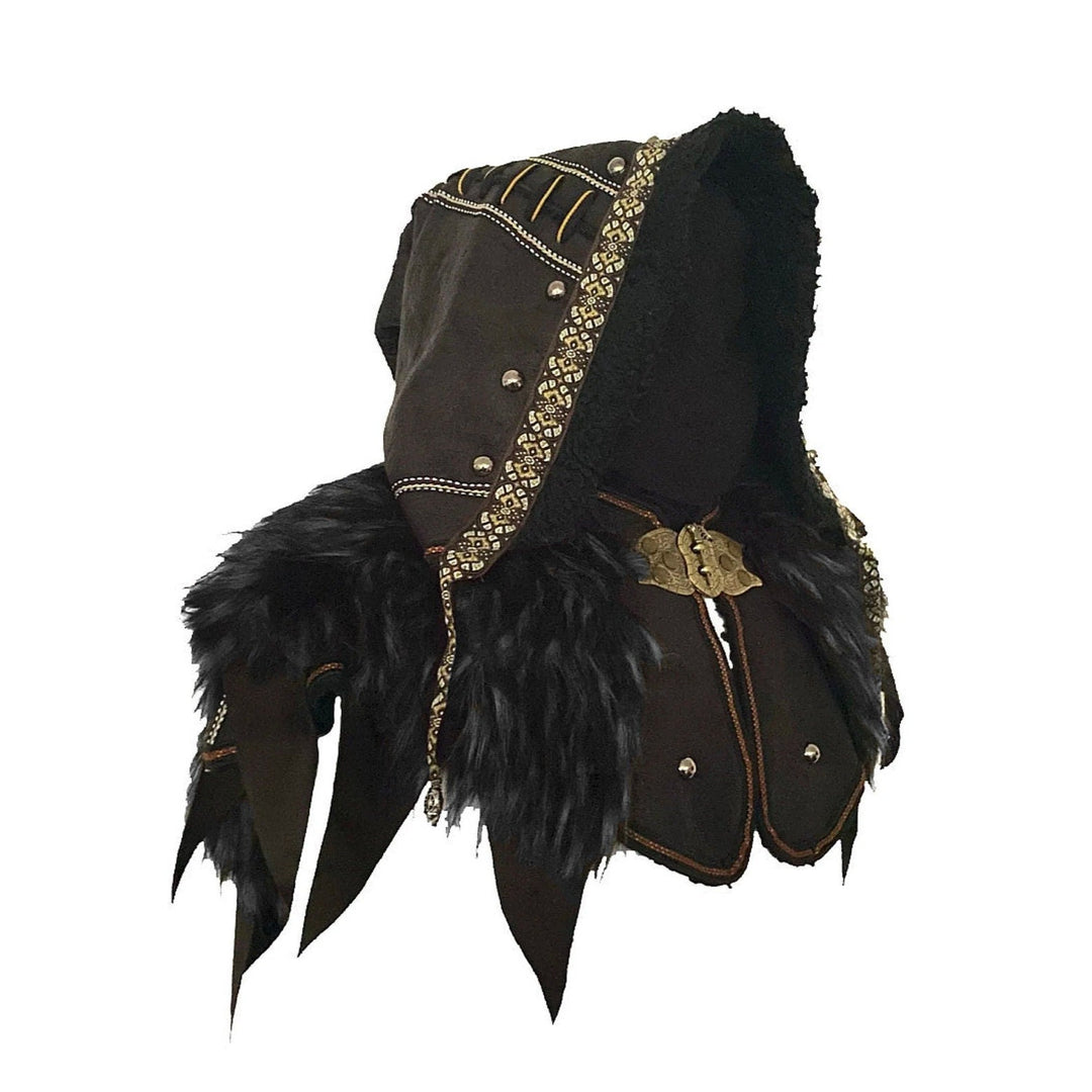 This Ornate LARP Hood in Black Faux Leather has a Faux Fur Mantle in Black & Grey. This Viking Hood is Water Resistant towards rain. The Medieval Hood covers your shoulders and provides warmth. This LARP Hood has metal Clasps, perfect for your LARP Character and LARP Costume, Cosplay Event, and Ren Faire.