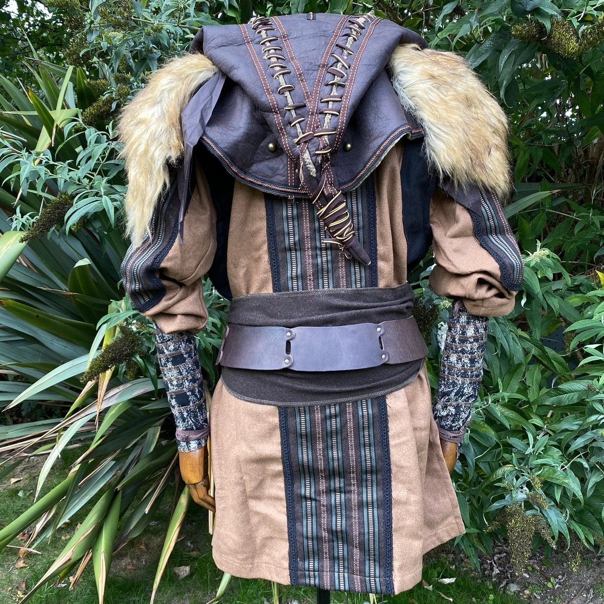 LARP medieval costume with brown-black wool wraps, back view.