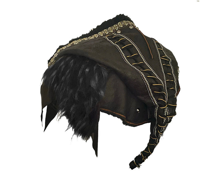 This Ornate LARP Hood in Black Faux Leather has a Faux Fur Mantle in Black & Grey. This Viking Hood is Water Resistant towards rain. The Medieval Hood covers your shoulders and provides warmth. This LARP Hood has metal Clasps, perfect for your LARP Character and LARP Costume, Cosplay Event, and Ren Faire.