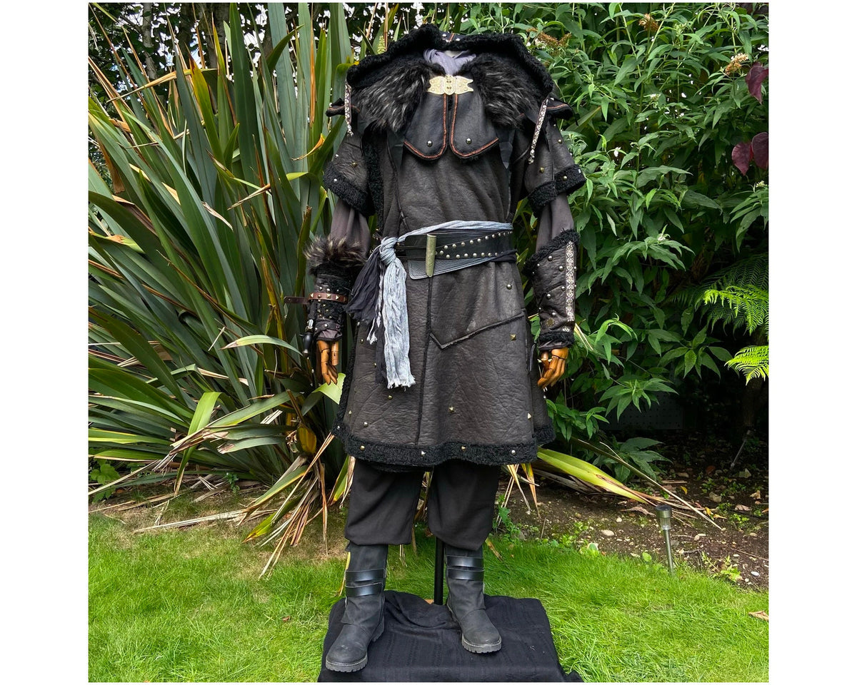 LARP shadow rogue costume, black faux leather tunic with hood and sash, front view.