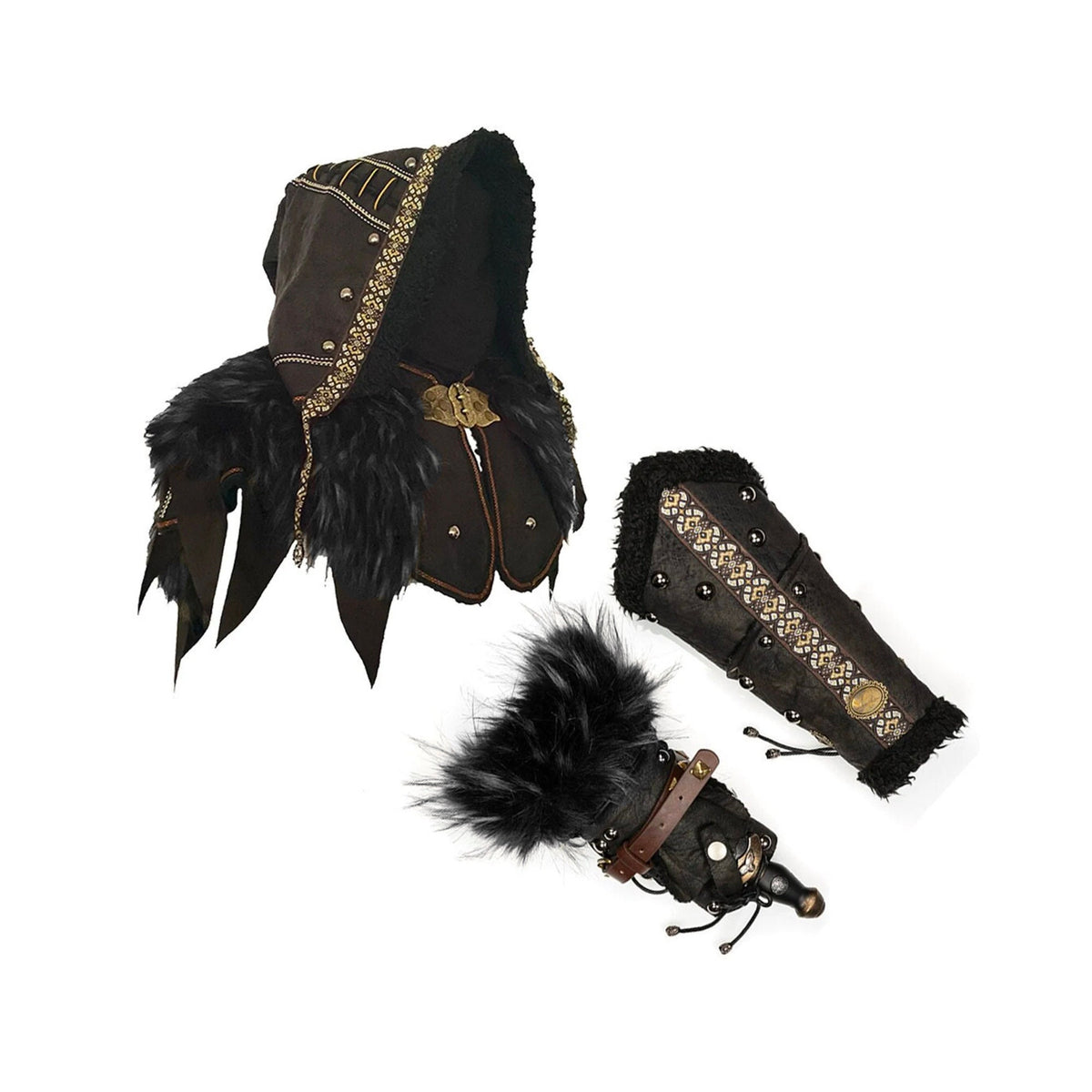 Ornate medieval LARP hood and vambrace set with fur and metal accents.