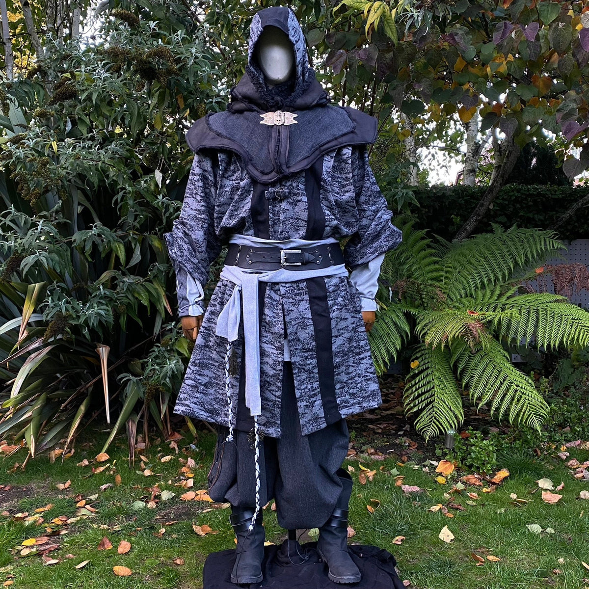 Dark LARP mage set with hooded robe, waistcoat, sash, textured fabric front view.
