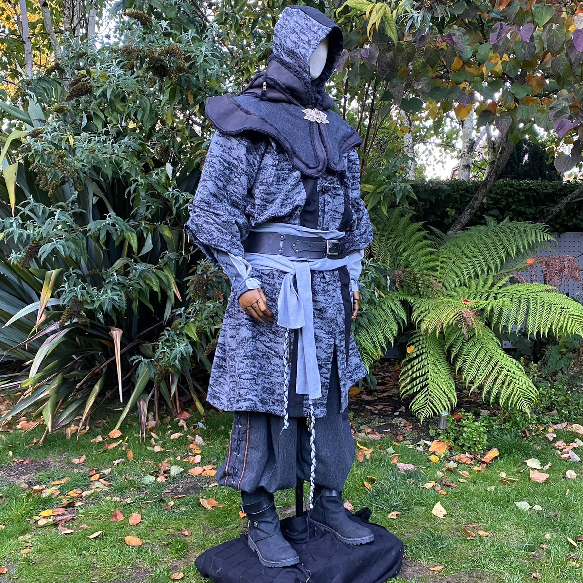 Dark grey LARP battle mage set with robe, hood, waistcoat, and sash.