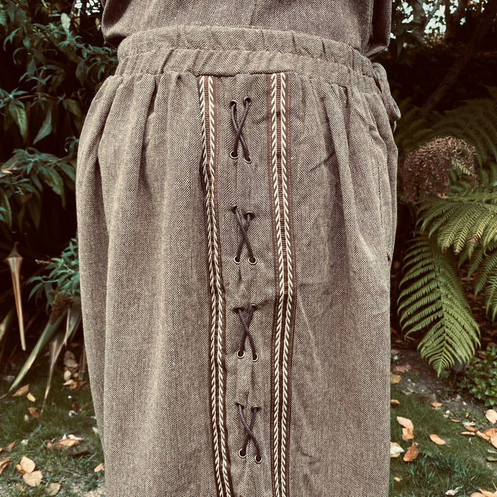 LARP Hero Pants, Loose Brown Wool Medieval Laced Trousers, Designed for LARP, Renaissance Faire, Vikings Cosplay, or Historical Events - Chows Emporium Ltd