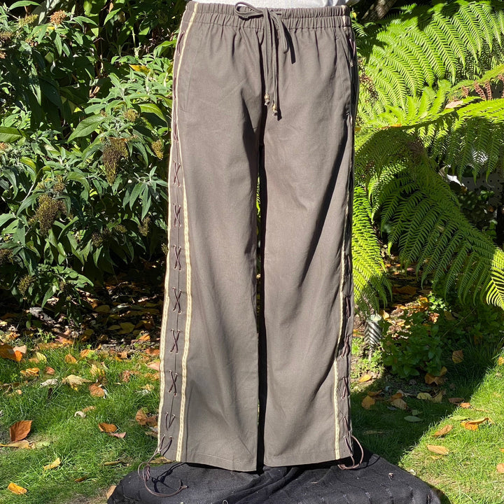 Medieval Straight Leg Pants - Green Cotton Trousers with Side Lace and Braiding - Chows Emporium Ltd