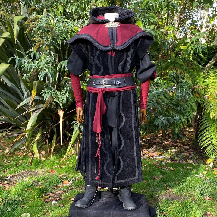 Dark King LARP Outfit - 7 Pieces; Black Panel Waistcoat, Layered Hood, Tunic, Pants, Armwraps, Sash, Belt - Chows Emporium Ltd