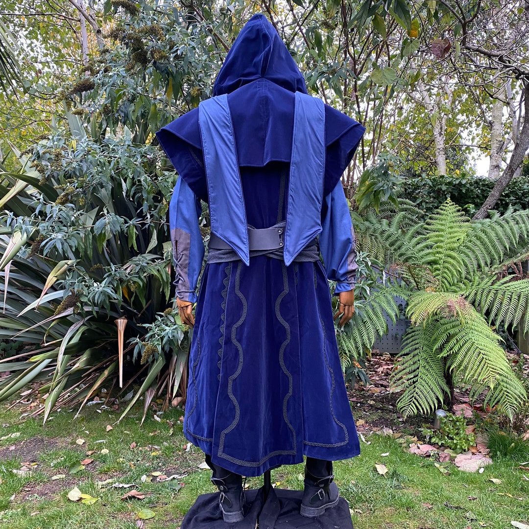 Rear view of blue medieval LARP robe with hood.