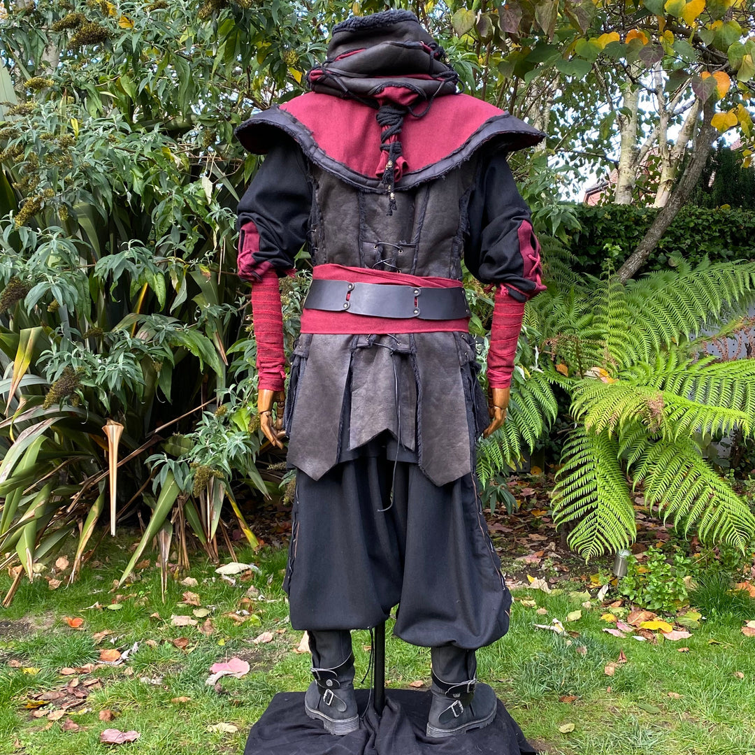 Demon Hunter LARP Outfit - 4 Pieces; Black & Red, Waistcoat, Hood, Shirt, Sash - Chows Emporium Ltd
