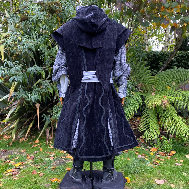 Dark King LARP Outfit - 4 Pieces; Black Panel Waistcoat, Robe, Hood, Sash - Chows Emporium Ltd