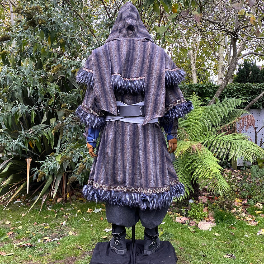 Arcane Warrior LARP Outfit - 4 Pieces; Blue & Grey Tunic, Hood, Pants, Sash - Chows Emporium Ltd