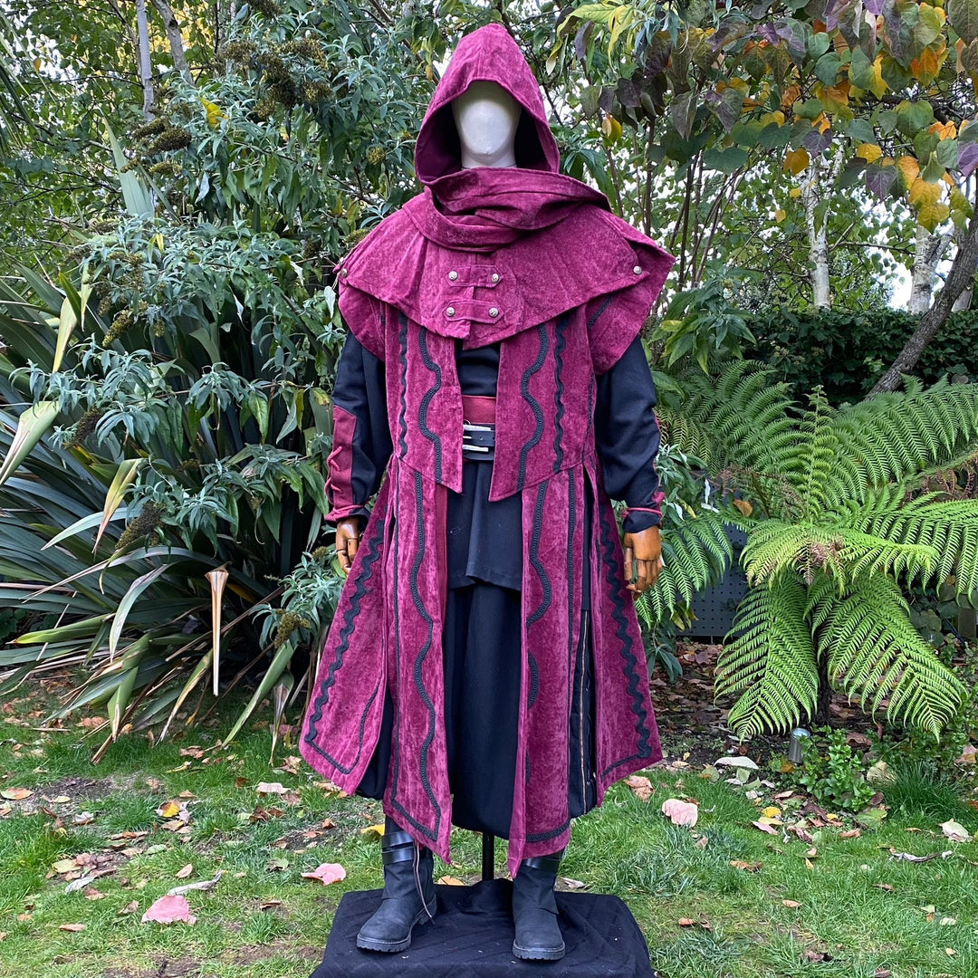 Crimson Warlock LARP Outfit - 2 Piece; Red Suede Effect Panel Waistcoat and Hood - Chows Emporium Ltd