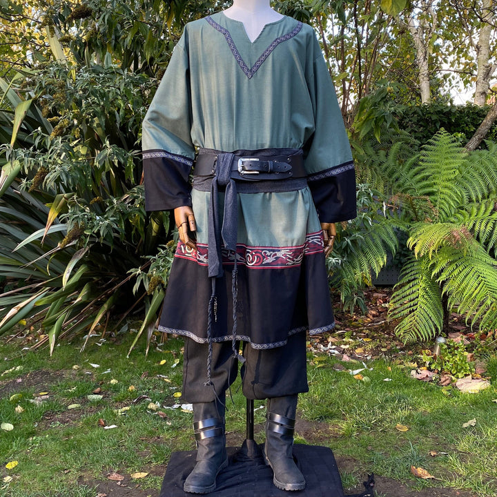 LARP Viking Tunic - Two Tone Green & Black - Linen Cotton Mix with embroidery - Chows Emporium Ltd