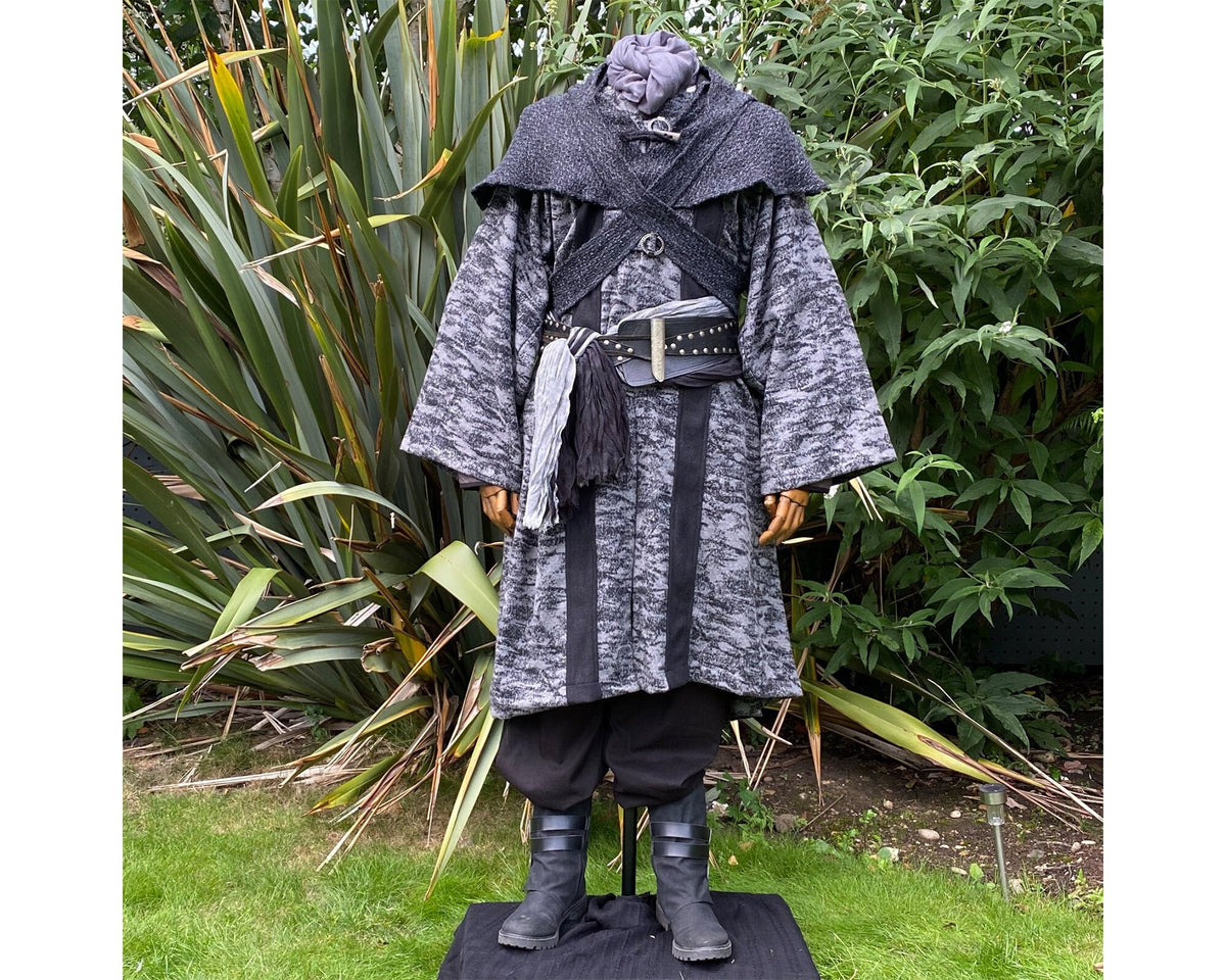 Medieval LARP costume front view, featuring grey and black hooded robe, and a grey woollen.