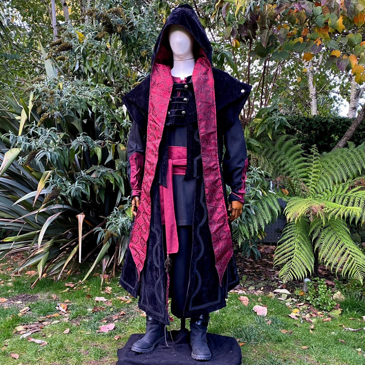 Hooded Blood Mage set on mannequin, red accents.