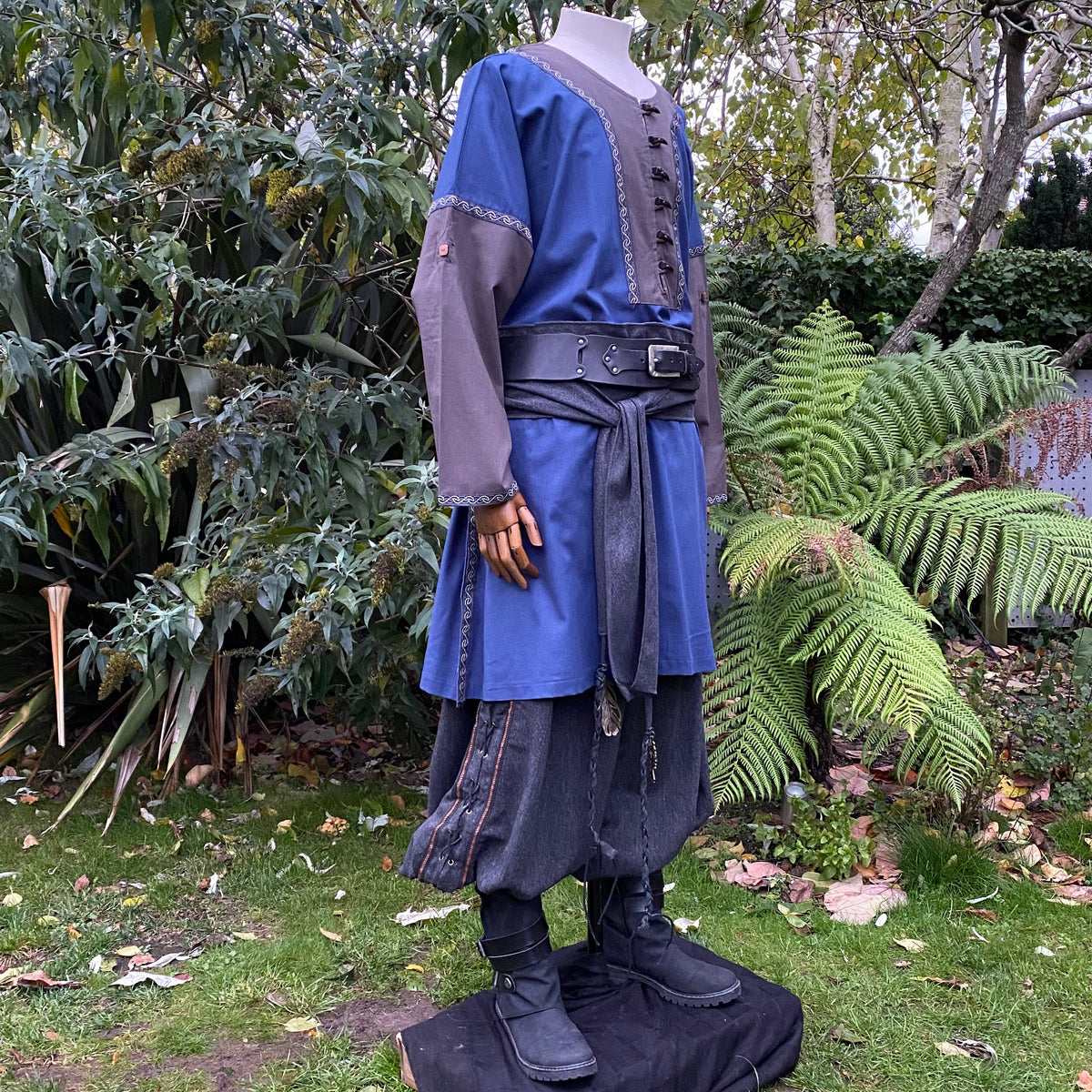 button-down blue grey Viking tunic styled for fantasy fair.