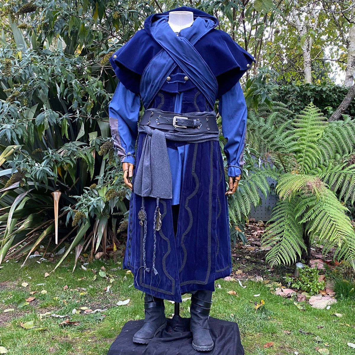 Blue suede-effect LARP outfit with sash and boots.