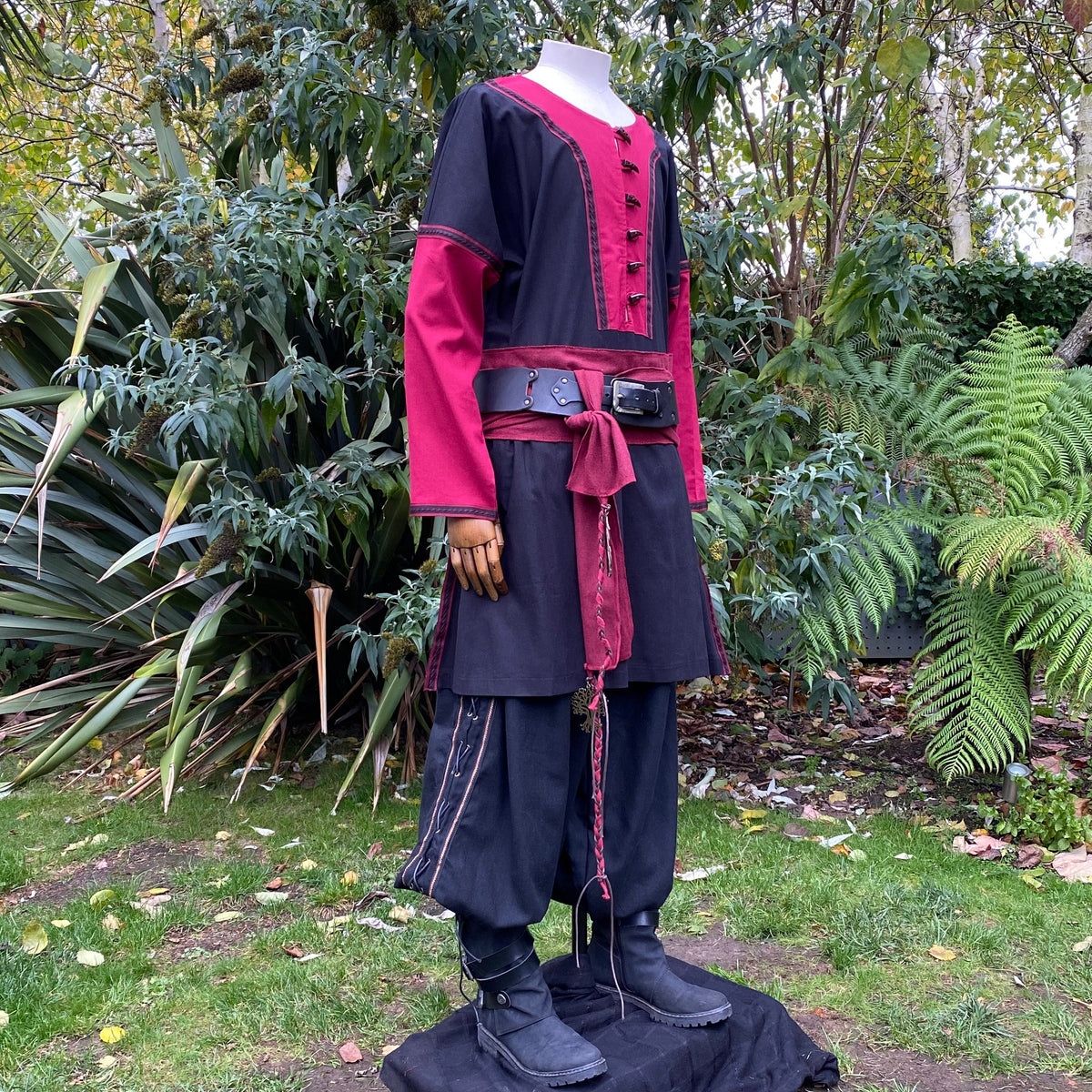 Mannequin in black-red LARP tunic with sash.