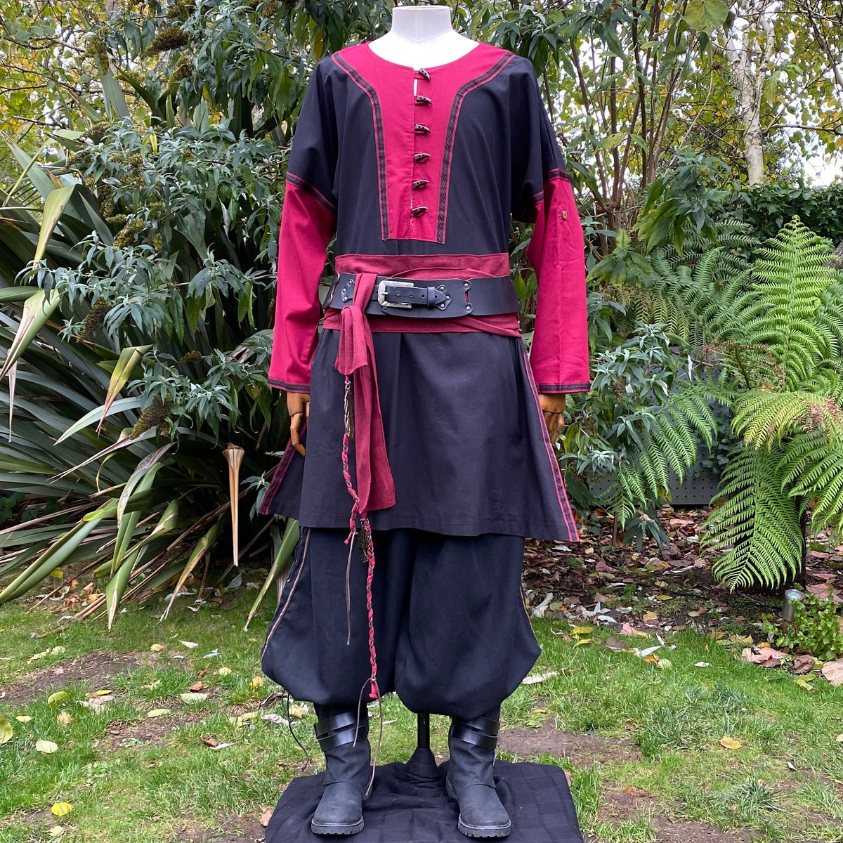 two-tone black red Viking shirt for medieval cosplay and Ren faire.