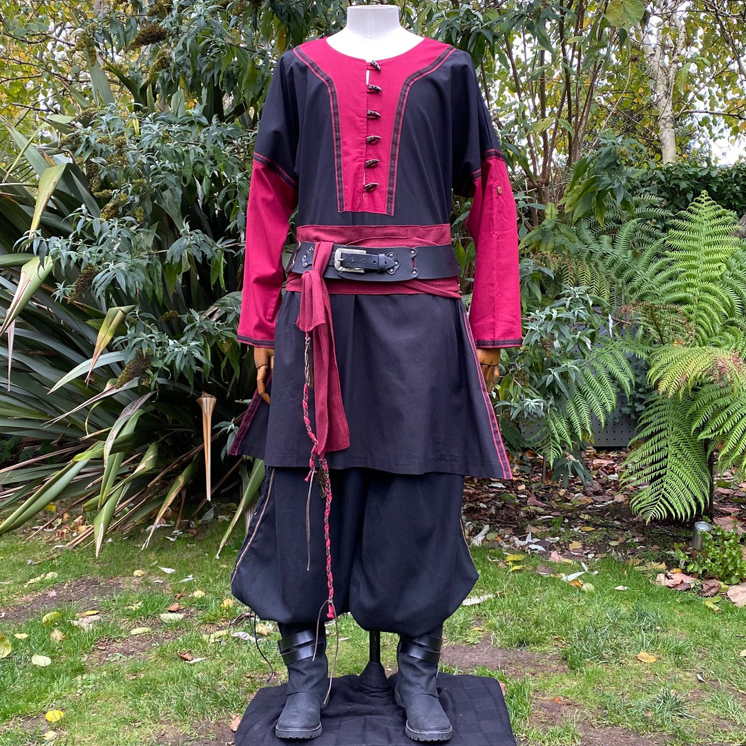 LARP Viking Tunic with Buttons - Two Tone Black & Red - Linen Cotton Mixture - Chows Emporium Ltd